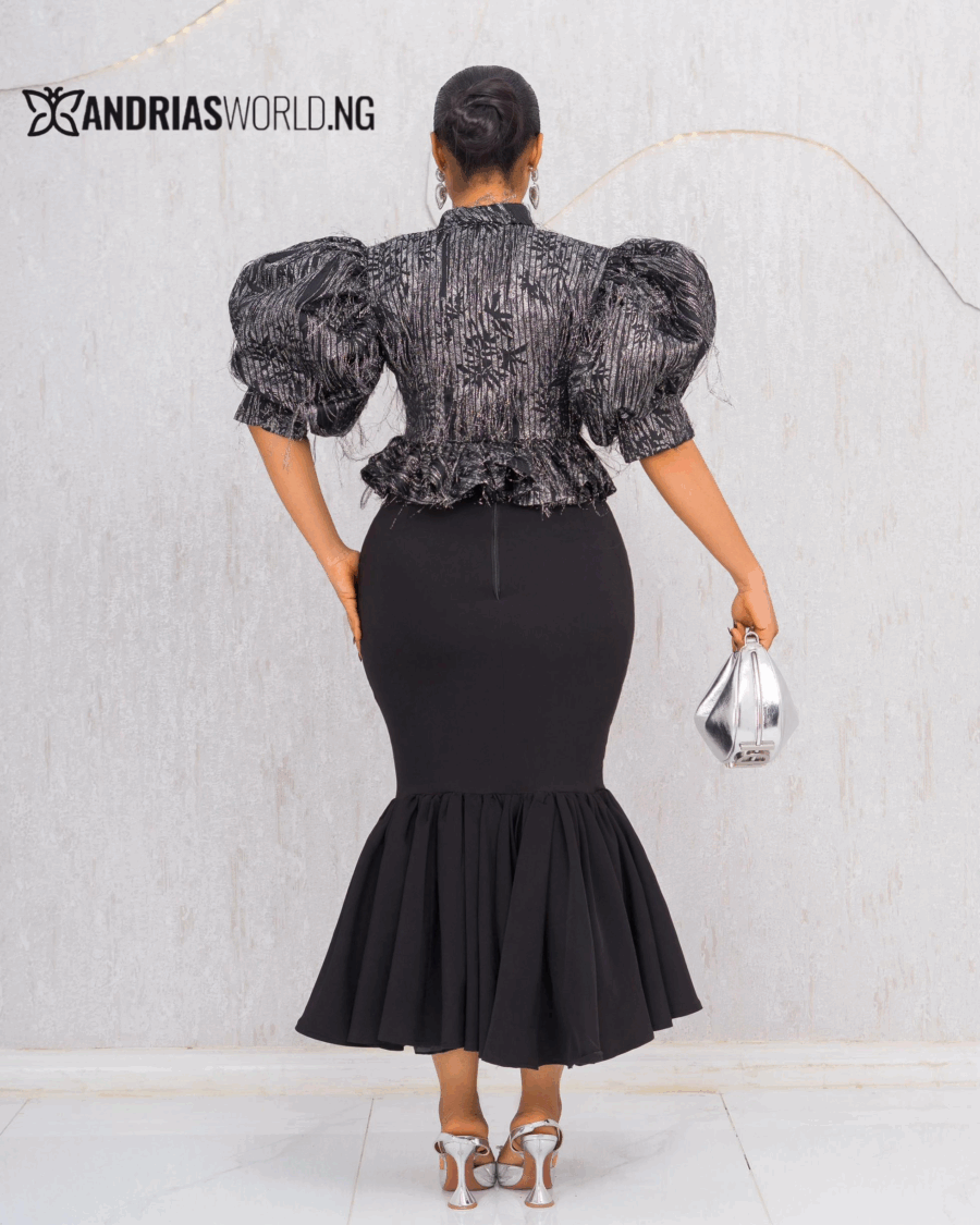 BLACK DAMASK TOP WITH FISHTAIL SKIRT SET